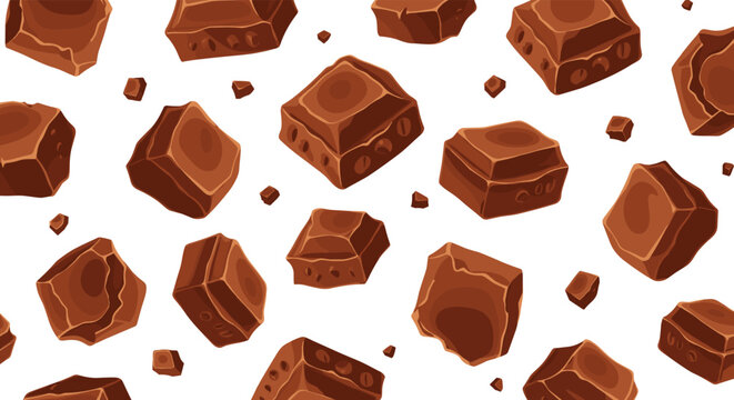 Seamless repeating pattern of delicious brown chocolate chunks and pieces, creating a sweet and tasty background for dessert-themed designs and packaging.