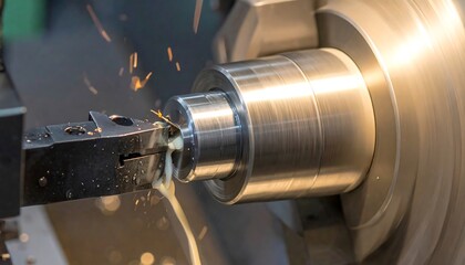 Close-up of a metallic cylindrical object being shaped by a lathe, showing sparks and fluid