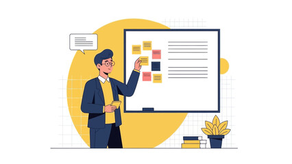 Man presenting ideas on whiteboard with sticky notes and speech bubble