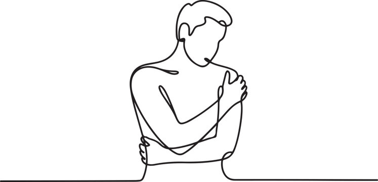 The man hugs himself. Love for yourself and your body. One line drawing for different uses. one line Art icon drawing vector