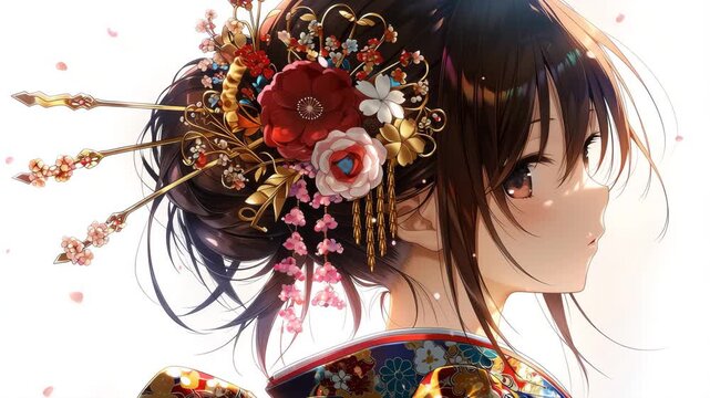 Beautiful anime girl in traditional kimono with elegant flower hairpins, side view
