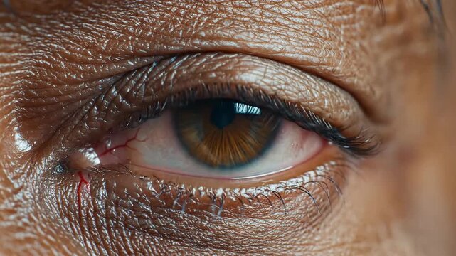 Close up of human eye revealing brown iris and delicate textures