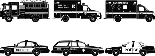 Emergency service vehicles silhouette vector illustration set, fire truck ambulance paramedics sheriff and police cars collection, public safety transport isolated on white © MSTMUNMUN