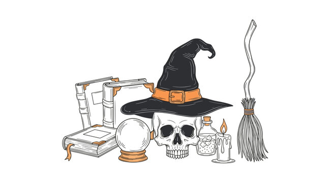 Vintage-style hand-drawn collection of magical witchcraft items, including a skull, spell book, crystal ball, potion, and a classic witch hat.