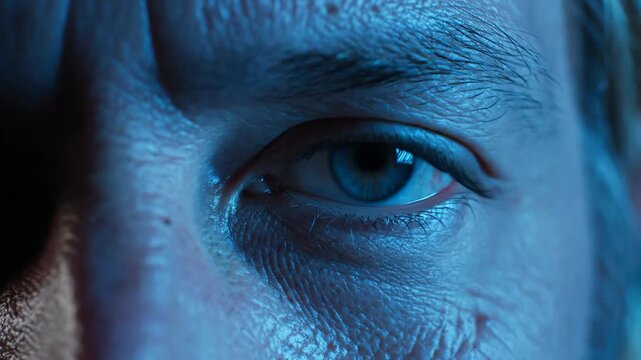 Close up of human eye under blue light showing iris and pupil detail