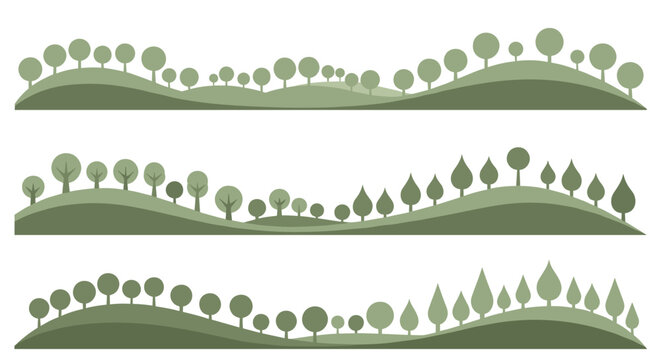 Set of three simple, stylized green landscapes with rolling hills and various types of minimalist trees, creating clean nature banners or dividers.