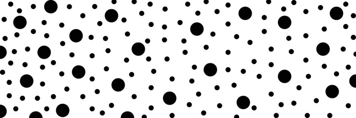 Uneven specks, spots, blobs, splashes seamless pattern. Free hand drawn speckles, flecks, stains or dots of different size wrapping texture. Unusual polka dot white on black monochrome background. © albaihaki