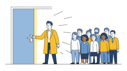 Man Opens Door, Welcoming Diverse Crowd of People Waiting in Line