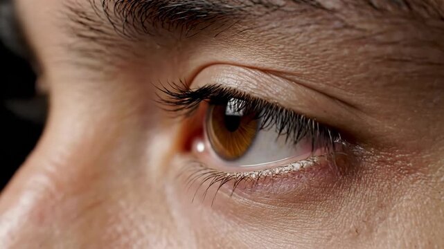 Close up of a human eye with detailed iris and eyelashes