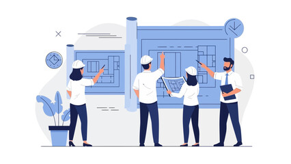 Architects planning a building project, reviewing blueprints and construction plans