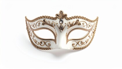 Venetian masquerade mask. Carnival mask. Gold and white color. Decorative design. Masks for parties and festivals. Ornate shape. Fancy accessory. White background.