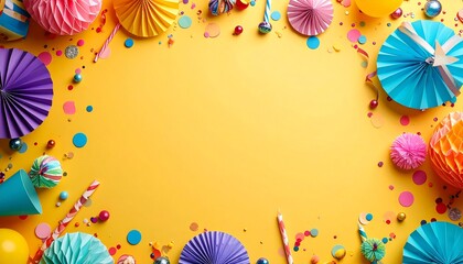 Colorful carnival party background. Yellow surface with paper fans, confetti, and balloons. Festive decoration border. Celebration design element. Party supplies. Fun and playful