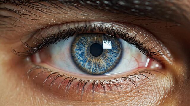 Close up of a human eye with detailed iris and visible blood vessels