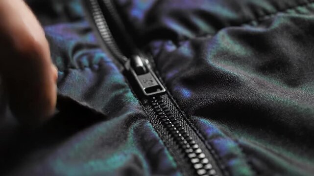 Close up of iridescent jacket zipper shows texture and detail