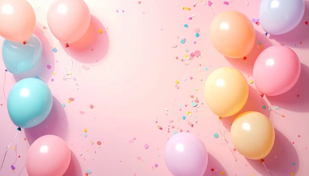 Pastel balloons and confetti. Colorful carnival decorations. Pink background with balloons and sprinkles. Birthday party theme. Vector illustration for celebration and festivity. Fun and
