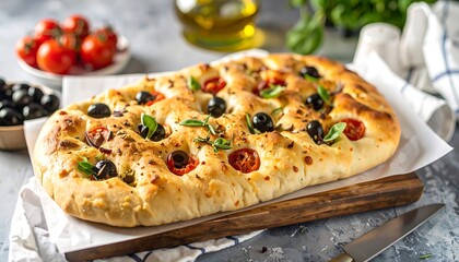 Freshly baked Italian focaccia bread with cherry tomatoes, black olives, and fresh herbs on a wooden board.