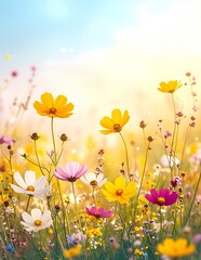 Vibrant cosmos flowers in a sunlit meadow, a colorful floral display.