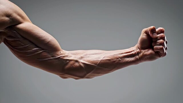 Close up of muscular arm flexing against a simple grey background