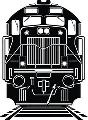 Front view vector illustration of a heavy freight diesel locomotive train engine on railroad tracks isolated on white background, powerful industrial transport silhouette. © MSTMUNMUN