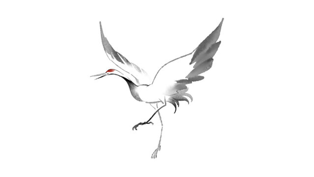 Elegant Flying Crane Bird Ink Wash