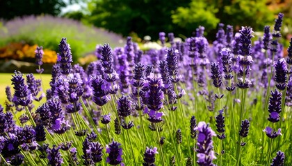 Vibrant purple lavender flowers blooming in a sunlit garden field with a soft-focus green background.