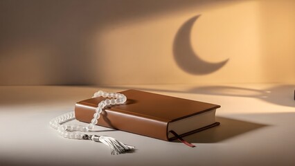 High-angle view of a closed religious book with prayer beads. The golden lighting and moon shadow represent the holy month of Ramadan.