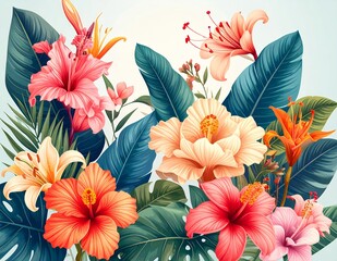 Vibrant Tropical Floral Arrangement - A Watercolor Symphony of Exotic Blooms.