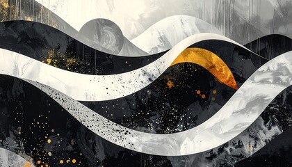 Abstract flowing design with wavy bands in grayscale, gold, and textured details