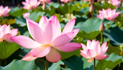 Stunning pink lotus flower in full bloom on a pond with lush green lily pads.