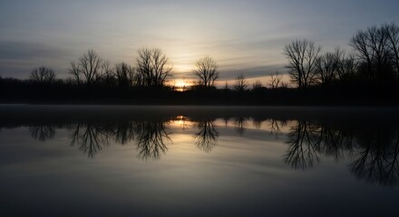 Tranquil lake scene silhouetted trees with sunrise reflections at dawn