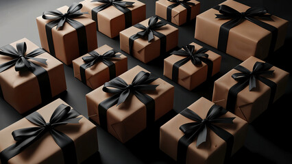 A collection of elegantly wrapped gifts with black ribbons