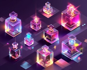 Geometric perfume bottles in vibrant, glowing shades.