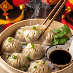 Steaming Hot Dumplings Served in a Bamboo Steamer with Soy Sauce.