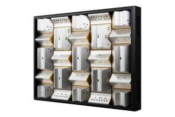 Geometric silver acoustic diffuser panel for sound studios isolated with transparent background