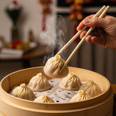 Steaming Hot Soup Dumplings Being Lifted with Chopsticks from Bamboo Steamer 1.