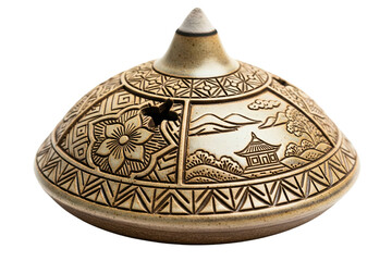 Ceramic incense burner lid with carved landscape art isolated with transparent background