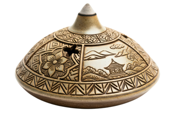 Ceramic incense burner lid with carved landscape art isolated with transparent background