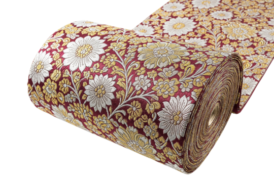 Rolled red fabric with gold floral embroidery pattern isolated with transparent background - Powered by Adobe