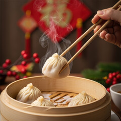 Steaming Hot Soup Dumplings Being Lifted with Chopsticks from Bamboo Steamer.