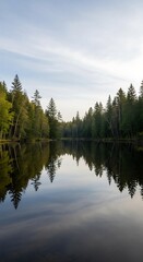 Obraz premium Tranquil lake scene with lush forest and clear reflections under a bright sky