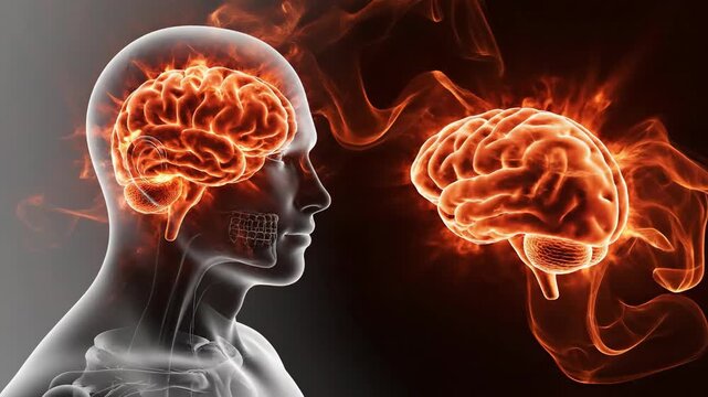 Conceptual illustration of a glowing brain and human head silhouette