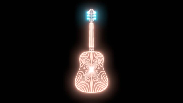 Classical acoustic guitar wireframe model rotating. Neon glowing. Music app and shop.