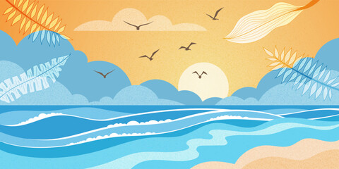 Vector drawing of seascape with the setting sun, vacation at sea, cartoon illustration