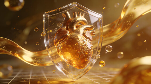 Golden Amber Heart in Transparent Shield Display