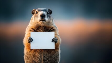 Groundhog day celebration with furry weather predictor holding blank sign