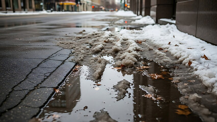 Snowy Puddle on City Street Surface.