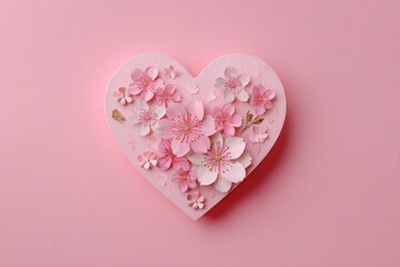 Heart-shaped, pink embossed surface adorned with delicate, blooming cherry blossoms on a matching background