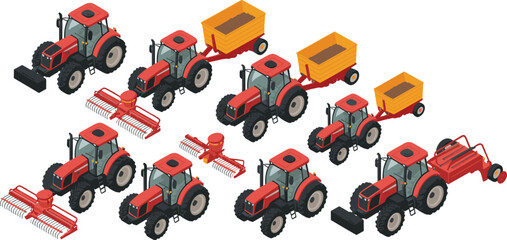 Isometric agricultural tractor equipment set with harvest attachments trailers farming machinery vehicles rural farm vector illustration