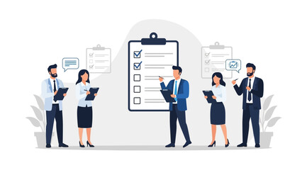 Teamwork and Project Management: Business People Reviewing Checklist on Clipboard