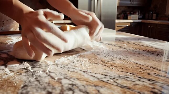 Hands kneading dough on a marble countertop in a kitchen